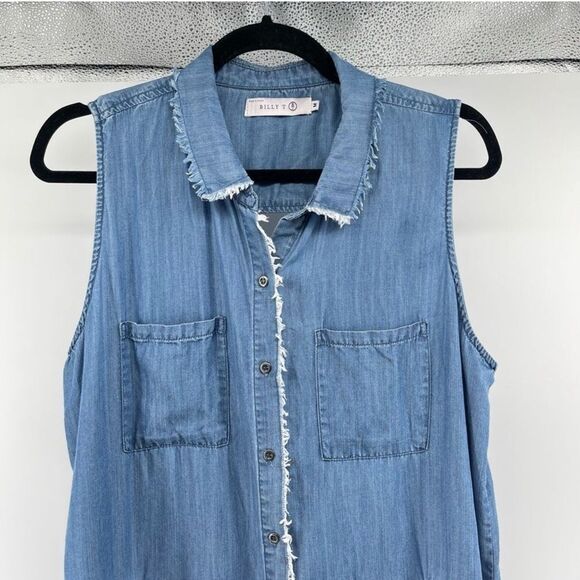 Billy T Blue Lyocell Chambray Hi-Low Button Front Boho Denim Dress Medium - Picture 2 of 15